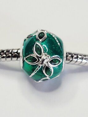 NWT Charm Metallic Emerald Green, Silver Color Dragonfly For Pandora Bracelets